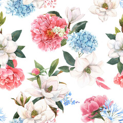 Beautiful seamless pattern with hand drawn watercolor gentle white magnolia and hydrangea flowers. Stock illustration.