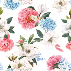 Foto op Plexiglas Beautiful seamless pattern with hand drawn watercolor gentle white magnolia and hydrangea flowers. Stock illustration. © zenina