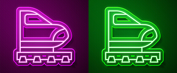 Glowing neon line High-speed train icon isolated on purple and green background. Railroad travel and railway tourism. Subway or metro streamlined fast train transport. Vector.