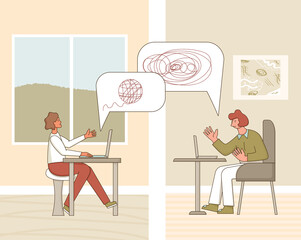 Online stress therapy scene. Color vector flat.