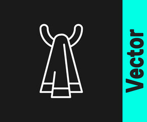 White line Towel on a hanger icon isolated on black background. Bathroom towel icon. Vector.