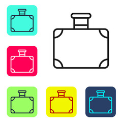 Black line Suitcase for travel icon isolated on white background. Traveling baggage sign. Travel luggage icon. Set icons in color square buttons. Vector.