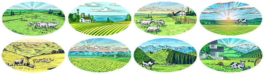 Rural meadow set. A village landscape with cows, goats and lamb, hills and a farm. Sunny scenic country view. Hand drawn engraved sketch. Vintage rustic banner for wooden sign or badge or label.