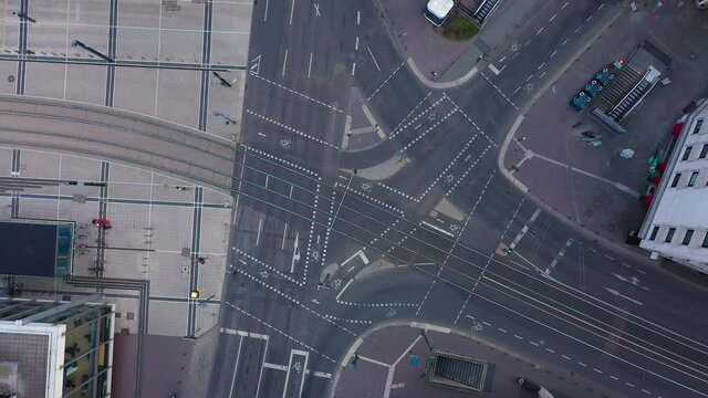 Arial shot of empty crossing in city center Frankfurt during lock down