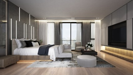 The interior design mock up of bedroom and tv wall background 
