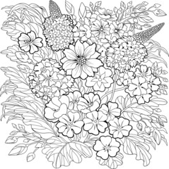 Vector garden flowers coloring page.Flowers, leaves and grass