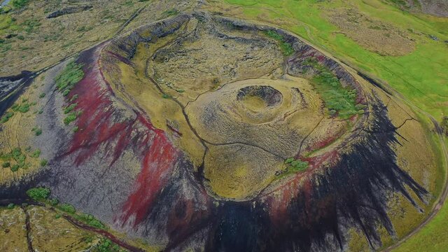 Aerial drone flight over Grabrok Crater, Iceland, 4k.