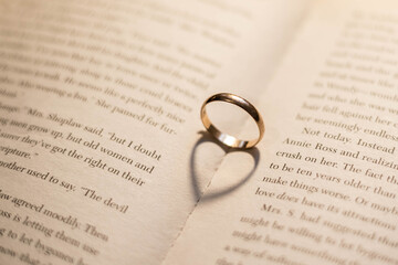 Fototapeta premium Gold ring on a book with a heart-shaped shadow, close-up. A declaration of love. Valentine's Day