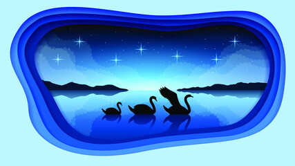 Abstract Dark Paper Cut Sky Night Background With Mountains Clouds Midnight Water Swans Vector Design Style