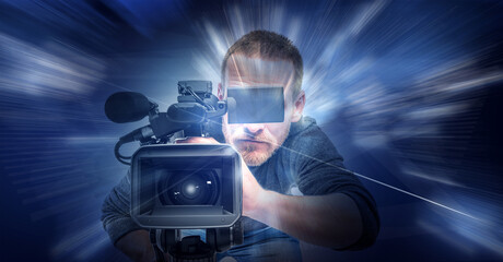 Operator with a camera on an abstract technological background. Digital video technologies.
