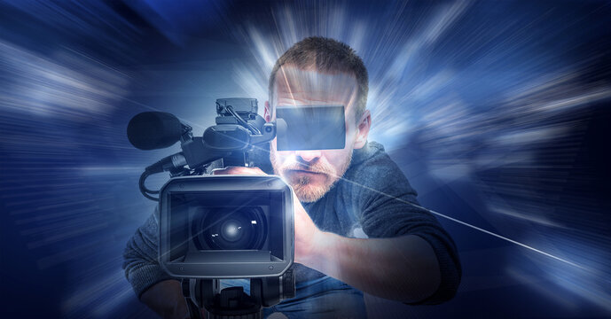 Operator with a camera on an abstract technological background. Digital video technologies.