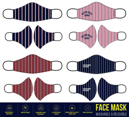 Stripe line Printed Clothing medical Face mask design, Reusable Clothing Face mask design with digital print and Fabric feature details, medical Face mask, Fashionable medical face mask design