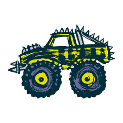 Monster truck icon. Side view. Cute cartoon sketch drawing. Vector flat graphic hand drawn illustration. The isolated object on a white background. Isolate. © far700