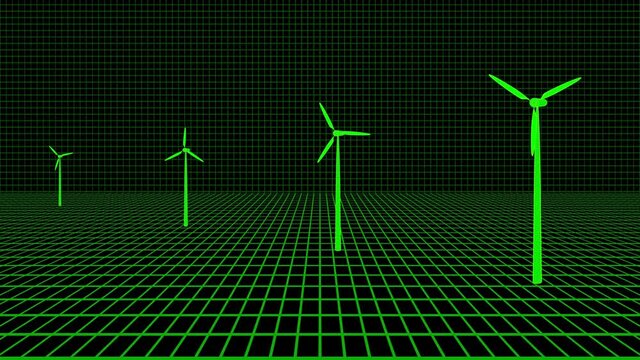 Animated Windmills with Rotating Blades for Generating Electricity. Alternative Energy. Green Eco-friendly Turbines Isolated on Black Background. Loop Seamless Stock Footage. 3D Graphic