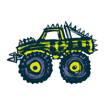 Monster truck icon. Side view. Cute cartoon sketch drawing. Vector flat graphic hand drawn illustration. The isolated object on a white background. Isolate.