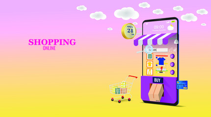 Shopping Online on Website or social commerce Mobile Application Vector illustration Concept. develop business Digital Marketing wide variety of products and convenience. design, banner, poster