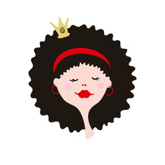 Cartoon girl face on white background. Young Princess in crown. Funny avatar for girl.