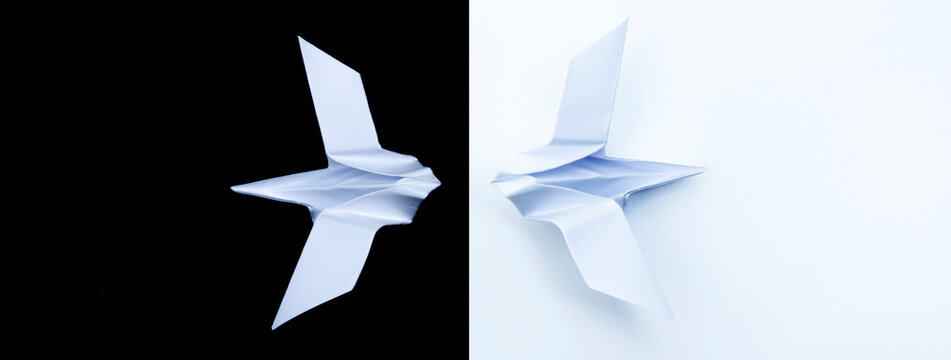 Origami Papierv&ouml;gel auf schwarzem und auf weissem Hintergrund