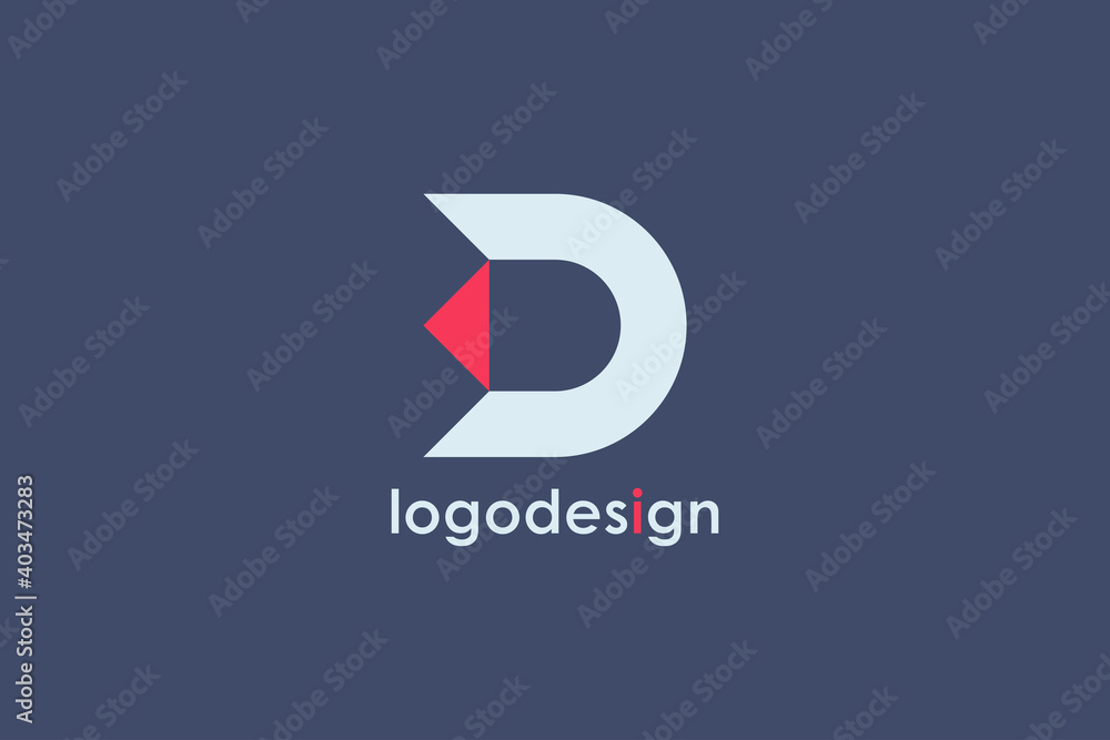 Aufkleber abstract initial letter d logo. white geometric shape with red arrow isolated on blue background. us