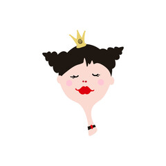 Cartoon girl face on white background. Young Princess in crown. Funny avatar for girl.