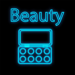 palette for applying makeup on blue eyes, neon on a black background. Makeup beauty tool. Eye shadow, eye and eyebrow. neon sign for makeup artists and makeup studios. illustration