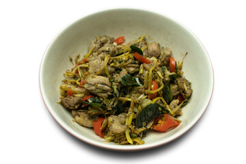 stir fried chicken with ginger and herbs in bowl on white background with clipping path, spicy Thai menu