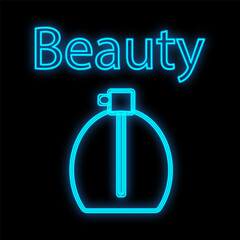 bottle filled with fragrant sweet body perfume. perfume of blue color, neon on a black background. Icon for beauty bar and perfumers. illustration