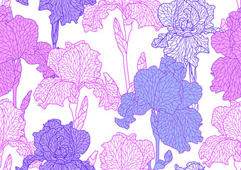 Seamless pattern with violet irises.