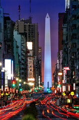 Obelisk and Corrientes Avenue at twilight. Buenos Aires, Argentina