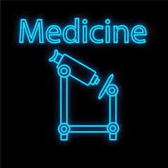 Bright luminous blue medical medical scientific digital neon sign for a pharmacy store or hospital laboratory. Beautiful brilliant microscope on a black background. illustration