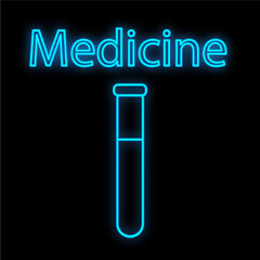 Bright luminous blue medical scientific digital neon sign for a pharmacy store or hospital laboratory. A beautiful shiny flask or test tube on a black background. illustration