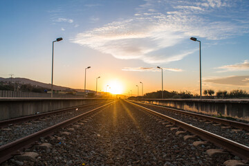 Naklejka na ściany i meble Railway and sunset