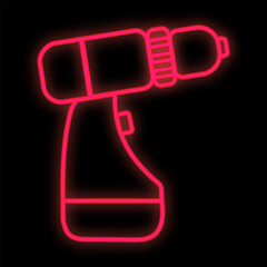 Bright luminous red industrial digital neon sign for shop service center workshop beautiful shiny with an electric screwdriver for repair on a black background.  illustration