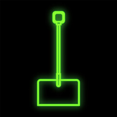 Bright luminous green industrial digital neon sign for shop workshop service center beautiful shiny with a shovel for repair on a black background.