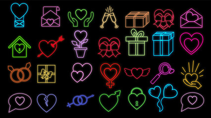 Set of bright luminous multi-colored festive neon signs for the store and cards beautiful shiny with love items and icons on a black background. illustration