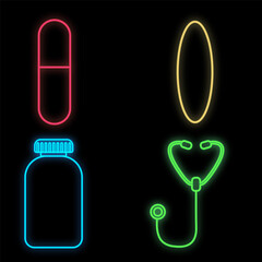 Set of bright luminous multi-colored medical neon signs for a pharmacy or hospital store, beautiful shiny scientific pills and a stethoscope on a black background. illustration