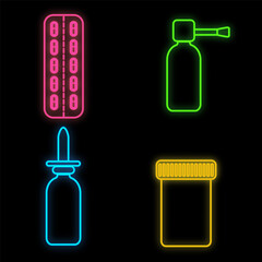 Set of bright luminous multi-colored medical neon signs for a pharmacy or hospital store, beautiful shiny scientific pills and sprays on a black background.  illustration