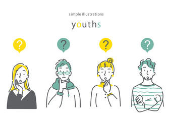 男女４人セット 笑顔 シンプルでお洒落な線画イラスト Blue Wall Mural Bl Fumika Shibata