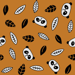 Cute pandas and leaves seamless pattern