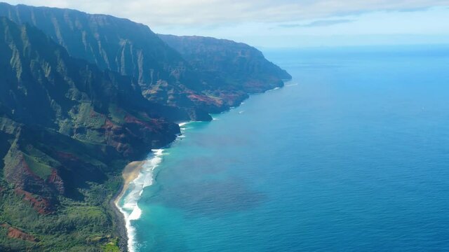 View of the Kauai coast as seen from a small airplane. This is where Jurassic Park was filmed.
