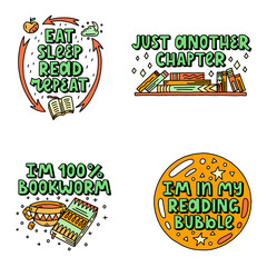 Cute colorful vector doodle set with lettering for book lovers and readers. Books, tea, bubble, book shelf. Vector template for card, postcard, banner, poster, sticker and social media