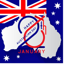 Happy Australia day lettering. Happy 26 th January. Map of Australia with flag. Vector illustration