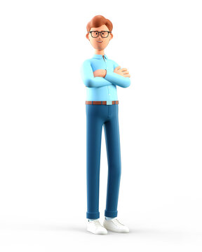 3D illustration of standing man with arms crossed. Portrait of cartoon smiling male character with eyeglasses.