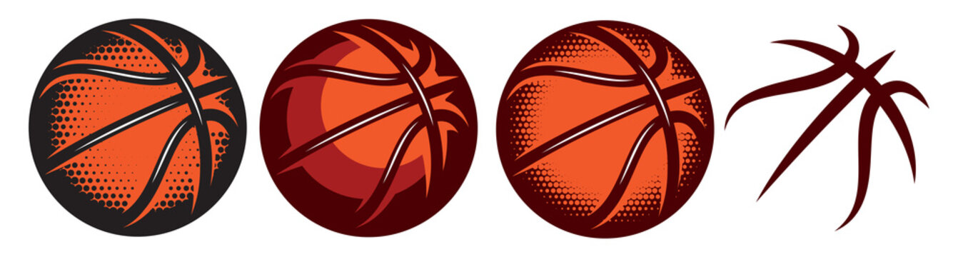 A set of color basketballs with different designs. Templates for logo design. Vector isolated illustration