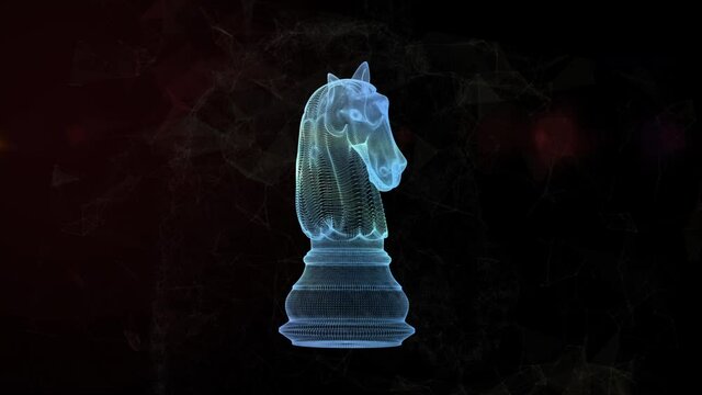 Representation of a chess horse in 3d rendered with points and lines. Strategy, attack and defense concept.