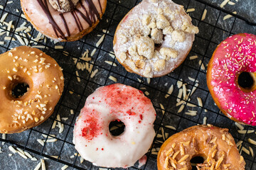 Vegan Donuts on Dark Background and Baking Rack