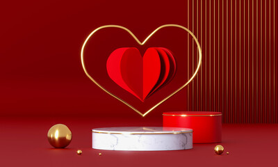 Valentine's day abstract background with red hearts and podium showcase for product presentation. February 14, love. Romantic wedding greeting card. Women's, Mother's day. 3d rendering.