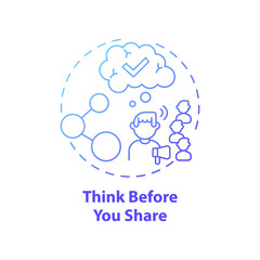 Thinking before sharing concept icon. Fake news check idea thin line illustration. Critical thinking. Distinguishing real from fake. Analyzing information. Vector isolated outline RGB color drawing