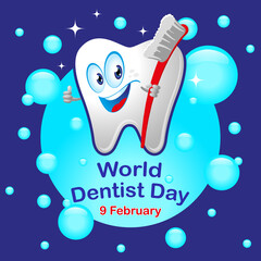 World dentist day square banner. White tooth with a cute smile and a red toothbrush on a blue background. Vector, illustration