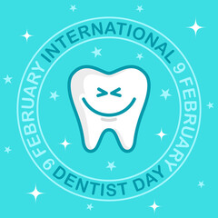 Square banner international day of the dentist. White tooth with a cute smile on a blue background. Card, invitation. Vector, illustration